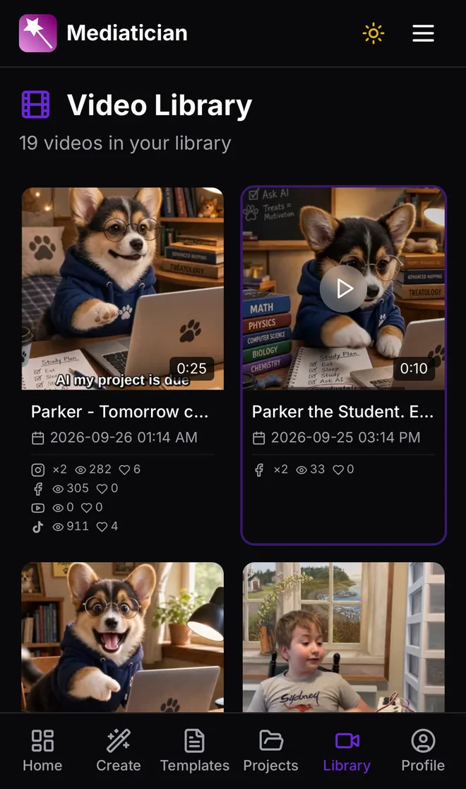 The video library on a phone: each video with its views, likes and comments listed per platform.